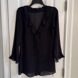 Victoria's Secret Black Semi-Sheer Poet Sleepshirt w/ Ruffled V-Neck